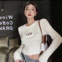 Diesel Áo Croptop Dệt Kim Tay Dài Cổ Tròn Màu Trắng Đen