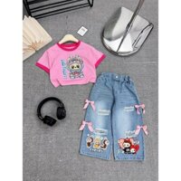 Điệu kids- Bộ áo thun quần jean mềm LABUBU bé gái 12-30kg