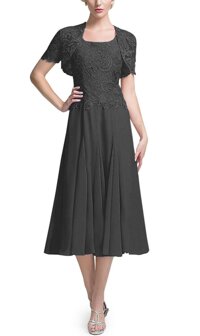 DINGZAN Chic Tea Length Bride Mother Dresses with Short Lace Sleeves Jacket