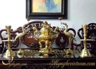 Đỉnh đồng thờ cúng hoa sòi 42cm màu vàng sáng cổ cao