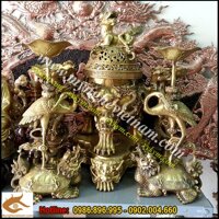 Đỉnh song long đúc nổi cao 60cm ngũ sự đồng vàng