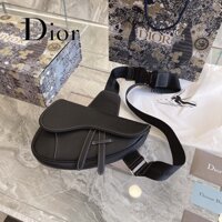 Dior Pebbled Pure Black Leather Saddle Bag Unisex Túi Messenger một vai đơn giản