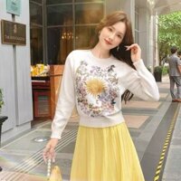 Dior1209 Áo len thêu hoa cổ tròn dài tay nữ