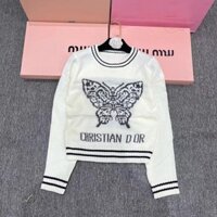 Dior6571 Phong Cách Mới Chữ Bướm Jacquard Rời Cổ Tròn Áo Len Dài Tay Nữ