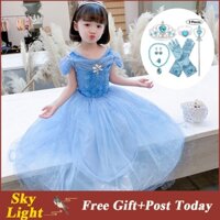 DISNEY Đầm Công Chúa Elsa Phối Lưới Màu Xanh Dương In Họa Tiết Bướm Xinh Xắn Thời Trang Cho Bé Gái