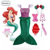 DISNEY Đầm Hóa Trang Nàng Tiên Cá Ariel Phong Cách Halloween Cho Bé Gái