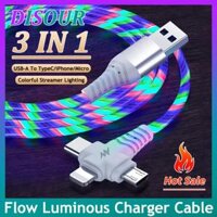 DISOUR Cáp Sạc Nhanh 3 Trong 1 Flow Dạ Quang Dây Cáp Sạc Phát Sáng LED Type-C/Micro USB/Lightning 3 Trong 1 Cho Xiaomi Redmi iPhone Samsung Huawei Oppo Vivo Cho IOS Android