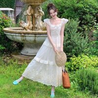 DIYIWEI Chi Hạ mùa hè công chúa nặng ren thêu tay áo nhỏ bay bánh váy Pháp khí chất nhẹ xa hoa nàng tiên váy dài - Gạo trắng - M