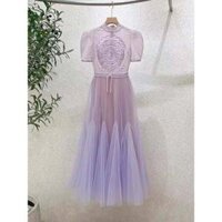 DIYIWEI Thiết kế nhỏ gọn của Việt Nam Sợi lưới nối ren thêu thanh lịch khí chất cao cấp đầm thắt lưng váy dài nữ - Màu tím - L