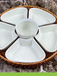 [DJFHS] Bộ bát đĩa hình hoa mai 5 cánh nhựa phíp trắng bóng bao gồm 5 đĩa cánh hoa 1 bát, 1 khay mâ