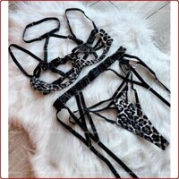 DL075 Bộ Đồ Lót Đan Dây Họa Tiết Da Beo Nhỏ Sexy Mơ Màng, Set Đồ Lót Có Gọng Không Mút Gợi Cảm [ Bra+Quần+Garter]