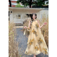 [DN01-HẾT HÀNG] Váy maxi tơ cổ yếm phối nơ dáng dài, đầm maxi đi biển họa tiết hoa trà phong cách Vintage