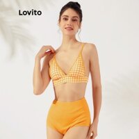 Đồ bikini Lovito in caro xinh xắn dây mảnh cạp cao có đệm tháo được L23AD059 (màu vàng)