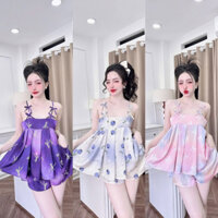 Đồ bộ 2 dây phối 4 nơ form babydoll có lưng thun, chất liệu lụa latin. freesize 42-60kg