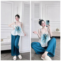 Đồ bộ 2 dây viền ren, quần dài lưng thun, chất liệu lụa latin mịn mát, Freeisze 42-60kg