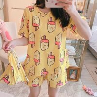Đồ bộ bầu cộc tay, bộ mặc nhà mùa hè dễ thương thun sữa mềm mại có chun điều chỉnh BĐ838 - BĐ838 KEM VÀNG,Freesize 40-68kg