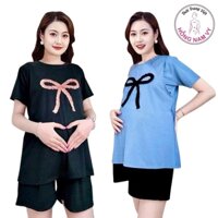 Đồ bộ bầu sau sinh thun tăm lạnh HỒNG NAM VY đùi tay ngắn phối nơ xinh