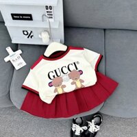 Đồ bộ bé gái, áo phông cổ tròn cộc tay in gấu mix chân váy xếp ly cho bé gái 10-32kg Miu Kids