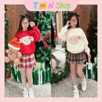 Đồ bộ bé gái set chân váy dạ kẻ lót quần phối áo nỉ dài tay hình Cún thêu xù T33n - K88