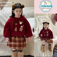 đò bộ bé gái , set đồ noel bé gái áo dài tay nỉ bông mix chân váy dạ kẻ đỏ cho bé đi chơi noel lễ tết JIMADO hcom3441