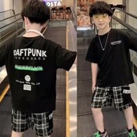 Đồ bộ bé trai Babekids cotton phối quần caro in chữ DaftPunk,set quần đùi áo thun trẻ em từ 4 đến 10 tuổi