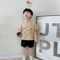 Đồ bộ bé trai hàn quốc áo sơ mi giả vest quần đen vải lụa, set đồ bé trai hàn quốc lịch sự mặc xuống phố heykidz HB35