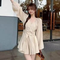 Đồ Bộ Big size nữ tiểu thư áo kiểu tay dài vạt xòe xẻ nhún eo kèm quần đùi lưng chun chất vải đũi xốp dễ thương SET91