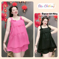 Đồ bộ bigsize nữ áo babydoll hai dây thắt nơ kèm quần đùi lưng chun vải đũi xốp SET58