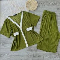 Đồ bộ bigsize nữ áo thun xốp nhật cổ V tay ngắn lai túi giả kèm quần ngố suông co giãn - SET37