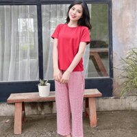 Đồ Bộ Chất Liệu Cotton Quần Dài Họa Tiết Sọc Caro Trắng Đỏ - ONVX02