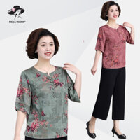Đồ bộ cho mẹ mặc nhà, Bộ vải Lụa Pháp trung niên nữ cho mẹ tay lửng quần đen ống suông. NT06