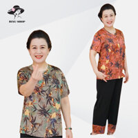 Đồ bộ cho mẹ mặc nhà trung niên, bộ vải Lụa Pháp trung niên nữ áo họa tiết, quần phối cao cấp. HT03