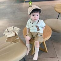 Đồ Bộ Cộc Tay Cho Bé Trai KIMCHIBABY Vải Cotton 4C Thêu Gấu Quần Túi Hộp, Bộ Quần Áo Polo Cho Bé Mặc Đi Chơi CK403