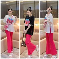 Đồ Bộ Dài Nữ Mặc Nhà ,Set Áo Thun Gấu Xẻ Tà Form Rộng Phối Quần Dài Legging Ống Loe Thun Co Dãn