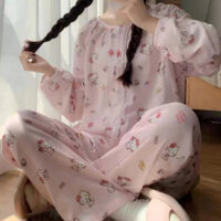 Đồ Bộ Dài Tay Hello Kitty Chất Đũi Xốp Mềm Mặc Nhà Mặc Ngủ