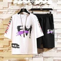 ĐỒ BỘ FREESHIP ĐỒ BỘ THỂ THAO IN CHỮ FM SIÊU NGẦU ÁO THUN NAM NỮ QUẦN LƯNG THUN DÂY RÚT - BTT TRẮNG FM - FREE SIZE 40-70KG