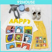 Đồ bộ hoạt hình tay lỡ unisex happy quần vàng Bộ đùi thun cartoon phom rộng freesize
