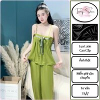 Đồ bộ lụa áo 2 dây kết hợp nơ ruy băng, mát mẻ - Freesize