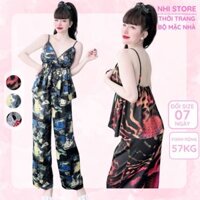 Đồ Bộ Lụa Mặc Nhà Nhistore Áo Hai Dây Cúp Ngực Sexy Phối Quần Dài Ống Suông Freesize Dưới 57kg