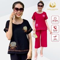 Đồ bộ mặc nhà cho mẹ trung niên SANA FASHION vải đũi ống rộng lững Thêu Hoa cao cấp CTC02