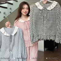 Đồ bộ mặc nhà kẻ caro nữ LILA cổ tròn dáng dài,có túi,chất thô cotton thấm hút mồ hôi - P12 Design