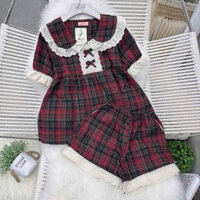 Đồ bộ mặc nhà kẻ dạ phối ren bèo tiểu thư, set bộ pyjama kẻ caro chất đũi thô loại 1