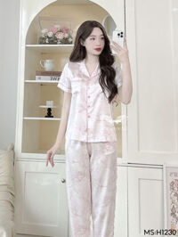 Đồ bộ mặc nhà lụa cao cấp tay cộc quần dài họa tiết hoa mộc lan H1230