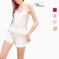 Đồ bộ mặc nhà lụa mịn WANNABE bộ đùi nữ quần ngắn áo 2 dây vai nhúng lai bèo lạ mắt xinh xắn BSS09