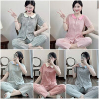 Đồ bộ mặc nhà nữ, bộ thiết kế kẻ caro vải thô mềm cổ sen túi nơ xinh xinh