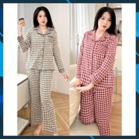 Đồ bộ mặc nhà nữ LILA kẻ caro phối cổ pyjama và tay áo chất thô cotton Nhật mềm mịn mát - P17 Voucher 5K