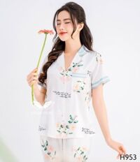 Đồ bộ mặc nhà nữ pijama lụa tay cộc quần dài H953
