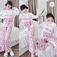 Đồ Bộ Mặc Nhà Nữ Quần Dài + Áo Tay Dài Cổ Tròn Thun Đũa_Ngân Boutique Đồ Ngủ Pijama