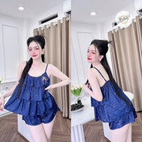 Đồ Bộ Mặc Nhà Nữ Quần Đùi + Áo Tầng 2 Dây Lụa Latin In 3D_Ngân Boutique Đồ Ngủ Pijama