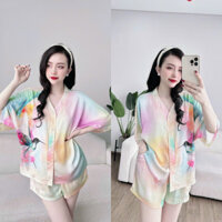 Đồ Bộ Mặc Nhà Nữ Quần Đùi + Áo Kimono Cánh Dơi Lụa Latin In 3D_Ngân Boutique Đồ Ngủ Pijama